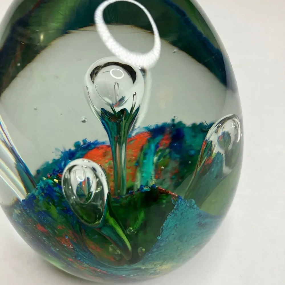 Vintage Art Glass Paperweight Hand Blown Controlled Bubbles Colorful Egg Shaped